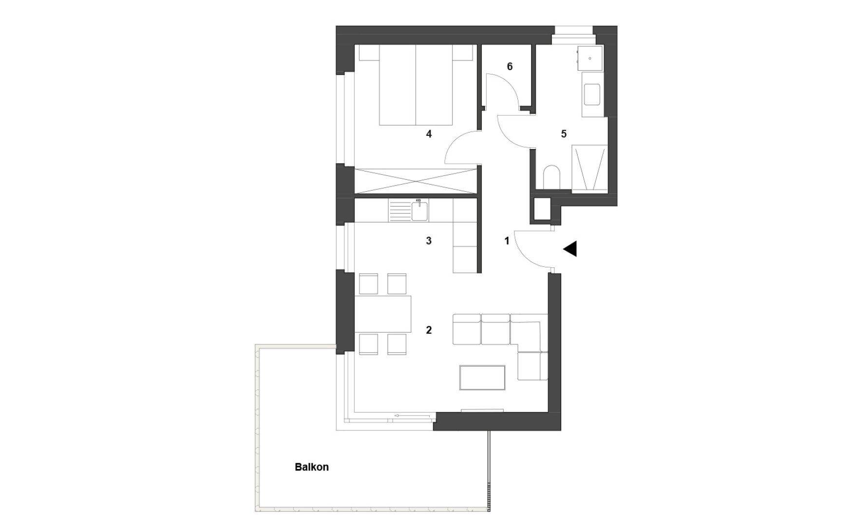 Grundriss einer Wohnung mit Schlafzimmer, offenem Wohnbereich, Küche und Balkon.
