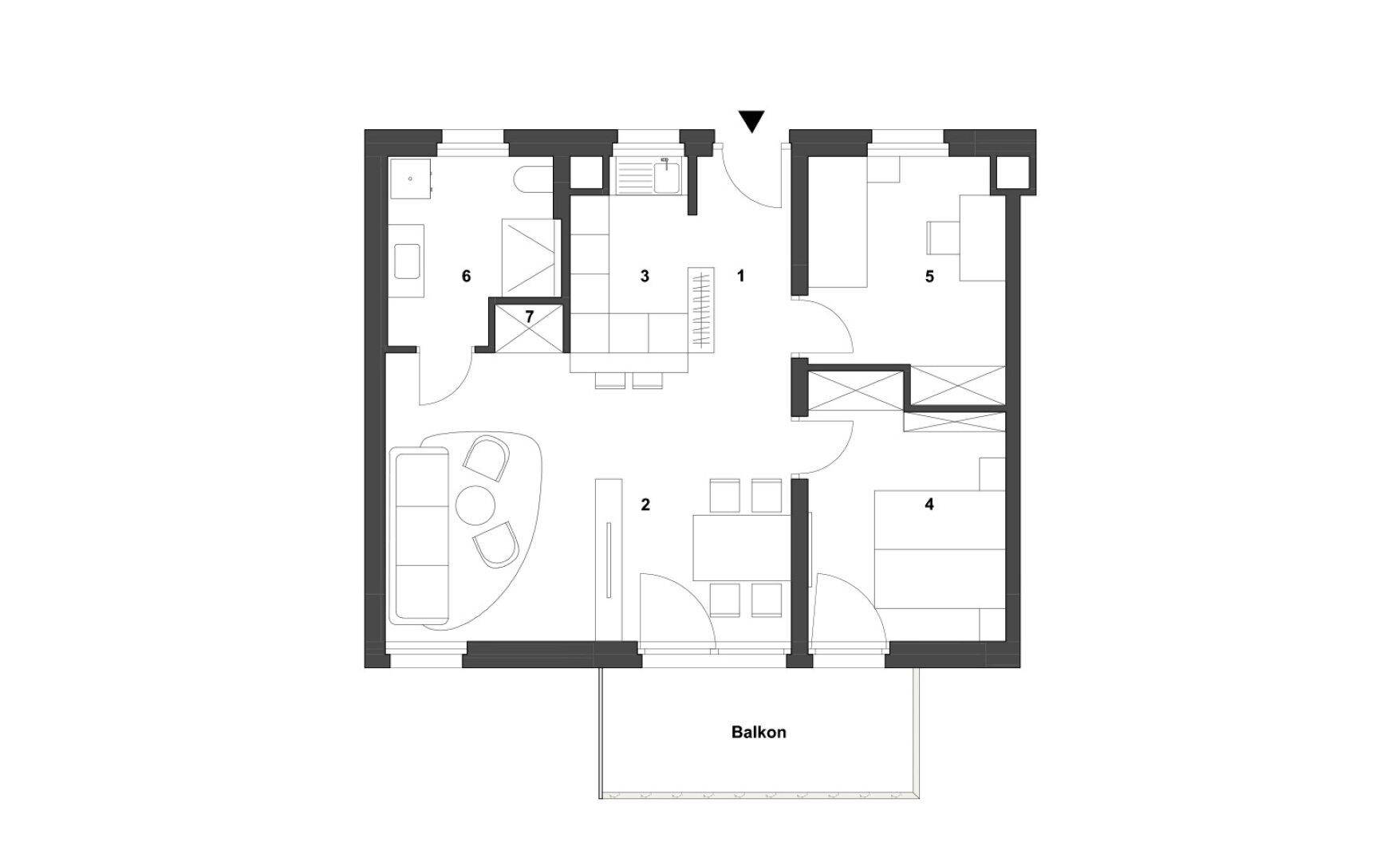 Grundriss einer Wohnung mit Balkon, offenem Wohnbereich und mehreren Zimmern.