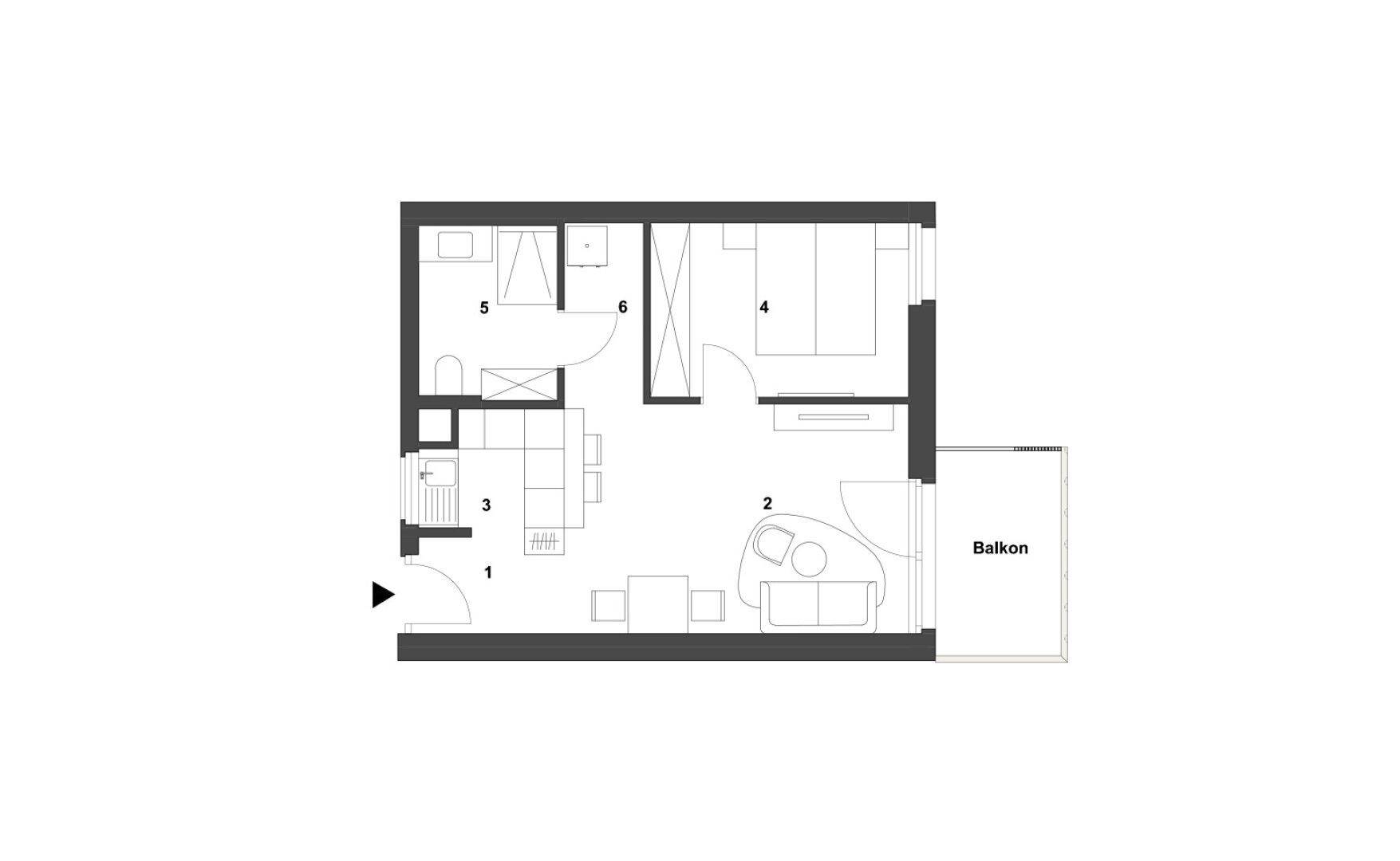 Grundriss einer Wohnung mit Wohnbereich, Schlafzimmer, Bad und einem Balkon.