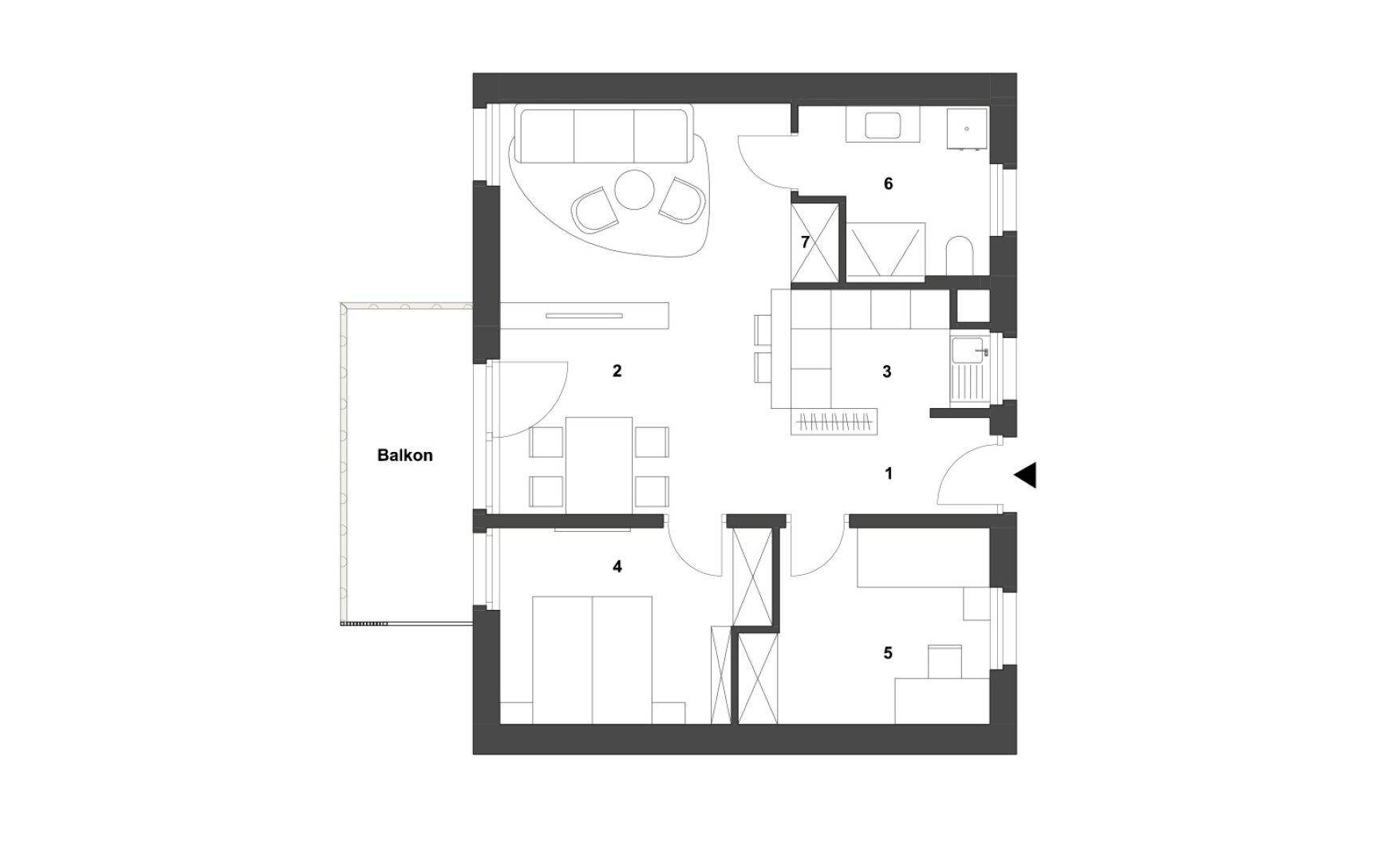Grundriss einer modernen Wohnung mit Balkon, offenem Wohnbereich und zwei Bädern.