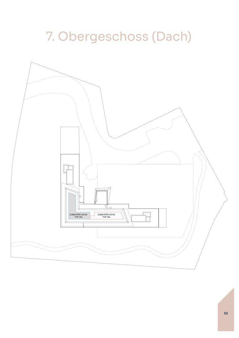 Grundriss des siebten Obergeschosses (Dach) mit exklusiven Dachterrassenbereichen.