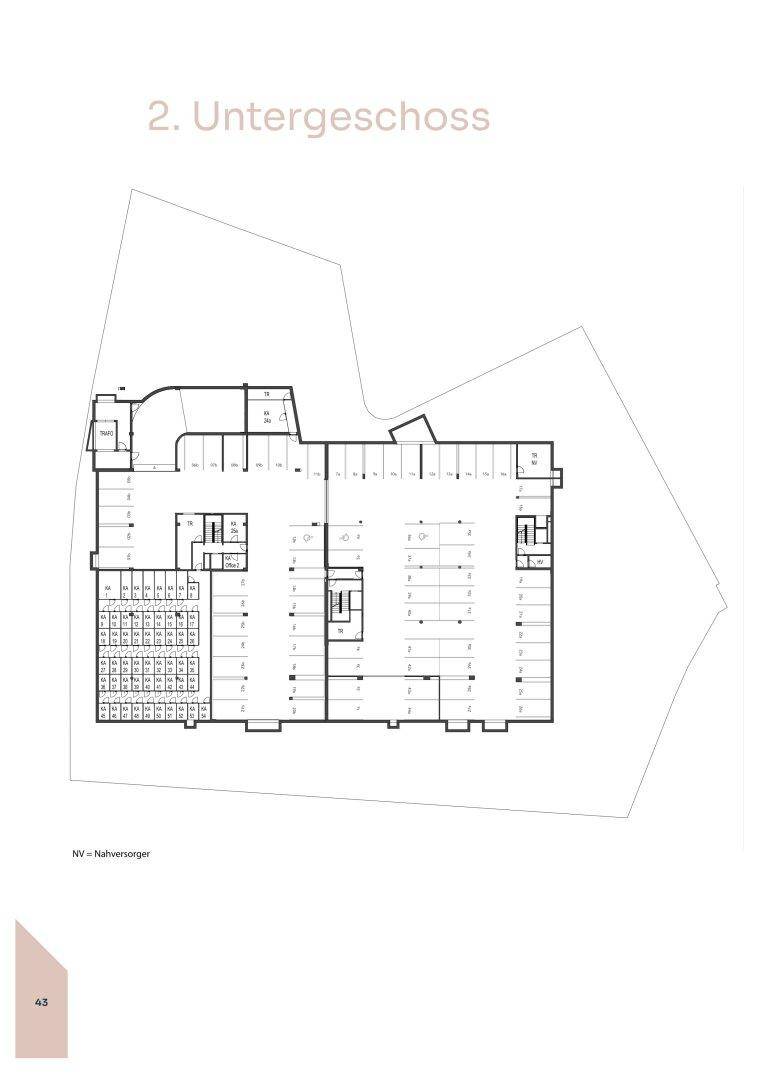 Grundriss des zweiten Untergeschosses mit Tiefgarage und Abstellflächen.