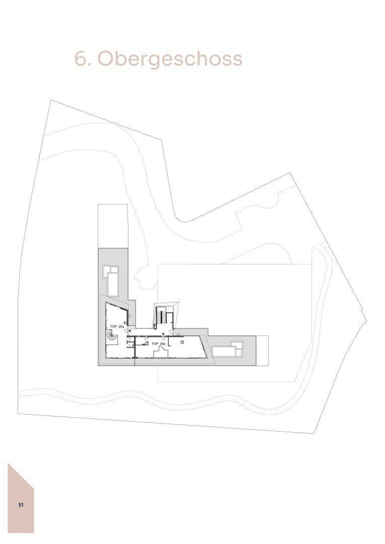 Grundriss des sechsten Obergeschosses mit Penthouse-Wohnungen und privaten Terrassen.