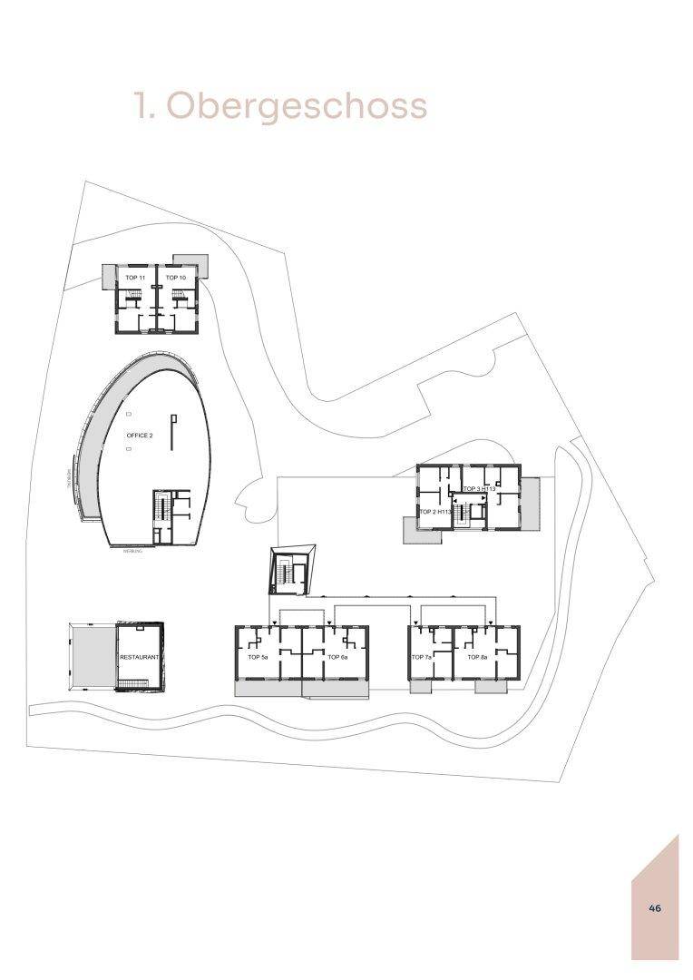 Grundriss des ersten Obergeschosses mit Wohnungen, Büros und Restaurantflächen.