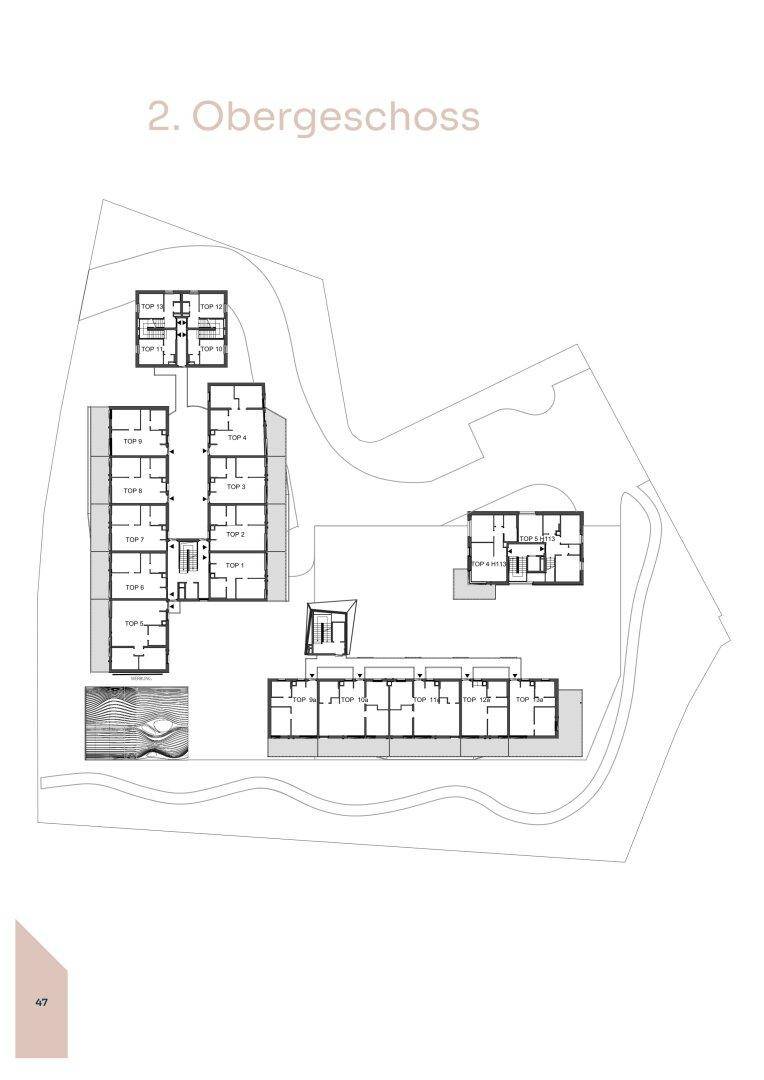 Grundriss des zweiten Obergeschosses mit verschiedenen Wohneinheiten und Balkonen.