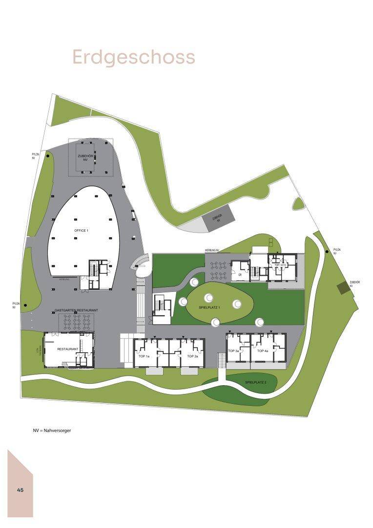 Grundriss des Erdgeschosses mit Büros, Restaurant, Spielplätzen und Wohnungen.
