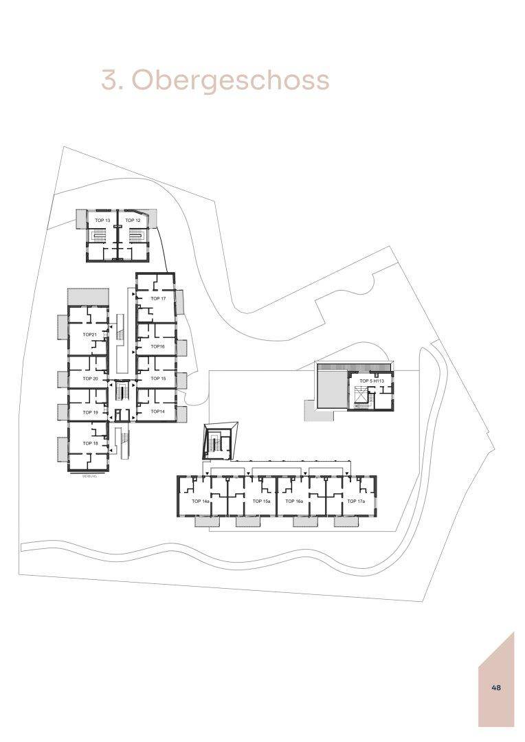 Grundriss des dritten Obergeschosses mit mehreren Wohnungen und großzügigen Balkonen.