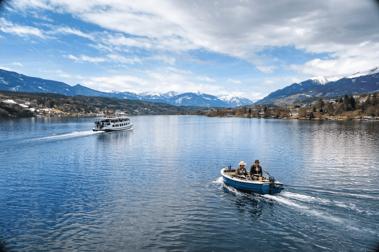 Weitläufiger Blick über den See mit Booten und der beeindruckenden Bergkulisse im Hintergrund.
