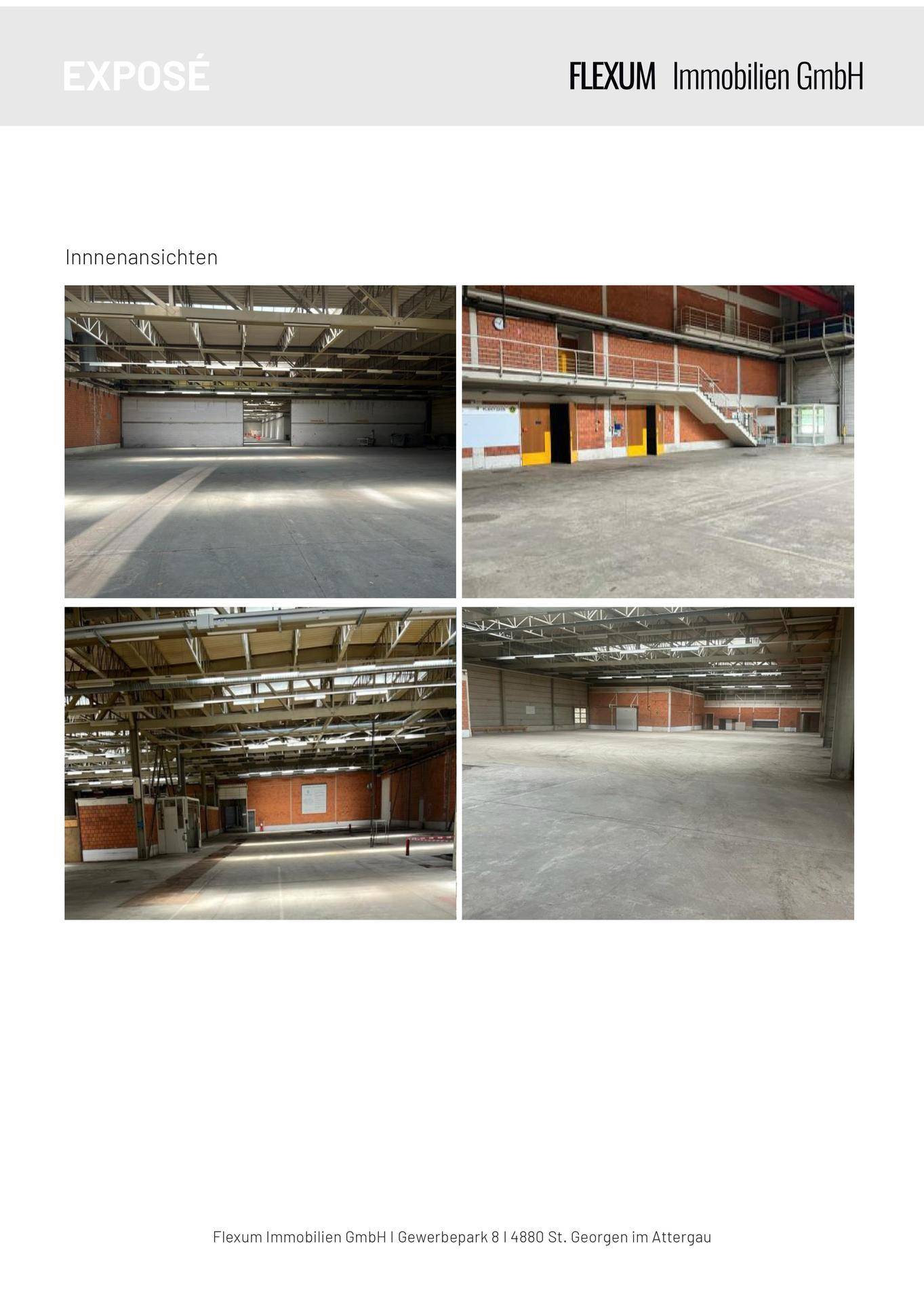 Kollage mit vier Innenansichten der weitläufigen Industriehalle, die die hohen Decken und die offene Struktur zeigen.