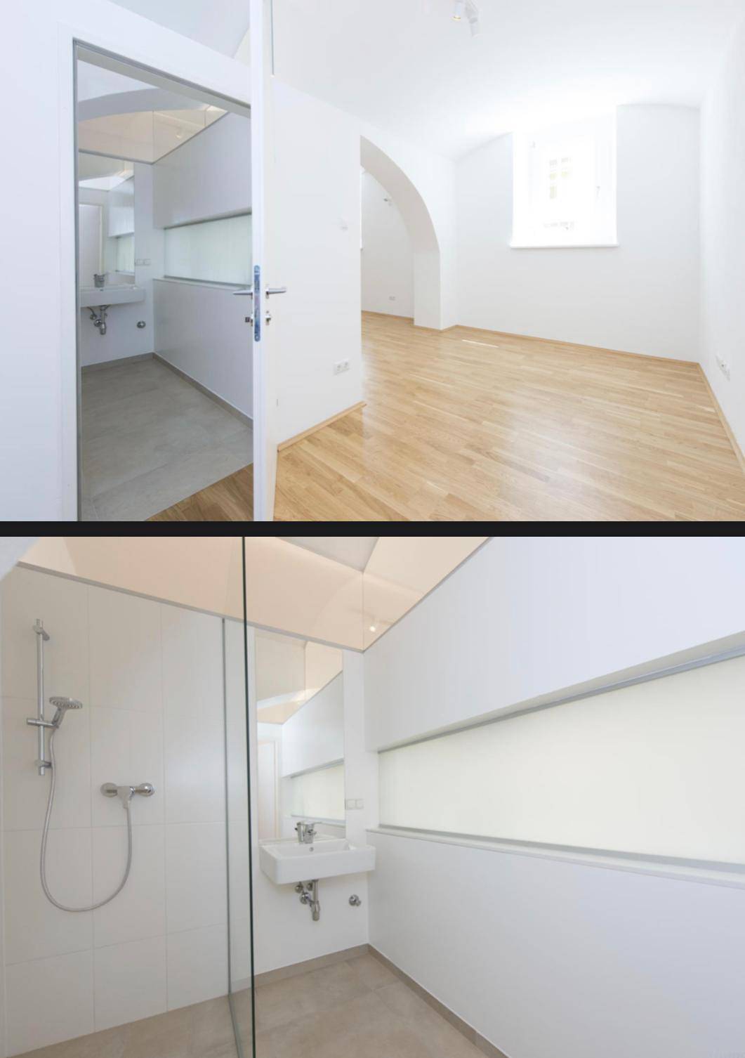 Kombinierte Ansicht eines modernen Badezimmers mit Dusche und eines hellen, leeren Raumes.