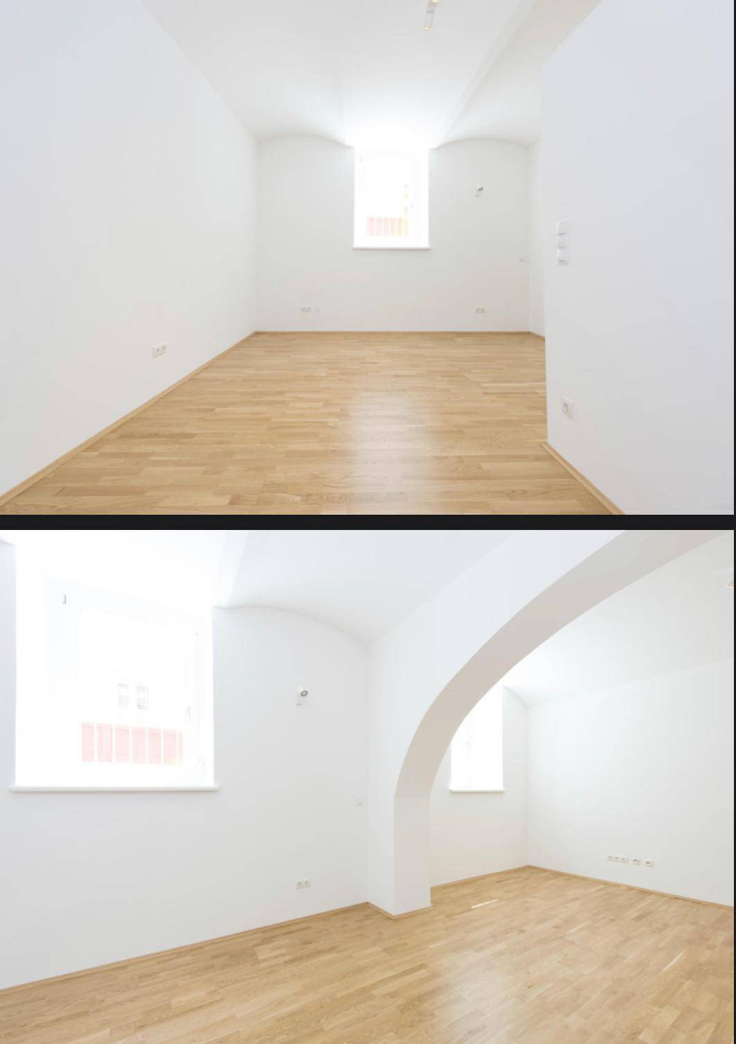Helle, leere Räume mit Holzboden, weißen Wänden und Fenstern, teilweise mit Gewölbedecken.