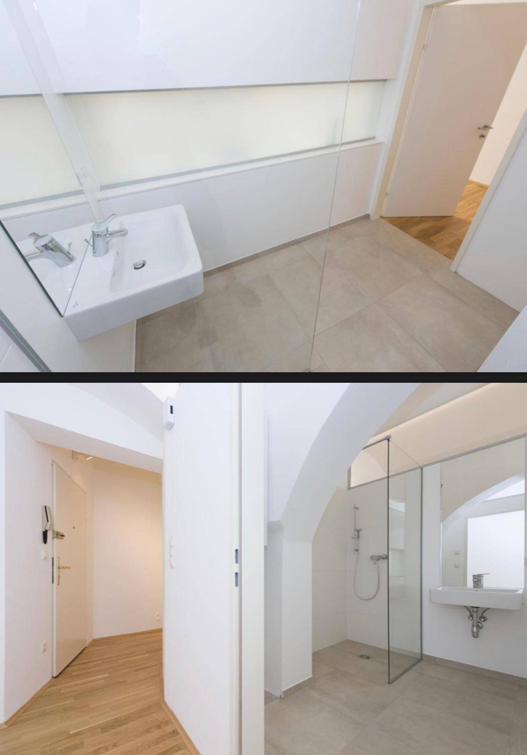 Modernes Badezimmer mit begehbarer Dusche, Waschbecken und hellgrauen Fliesen.
