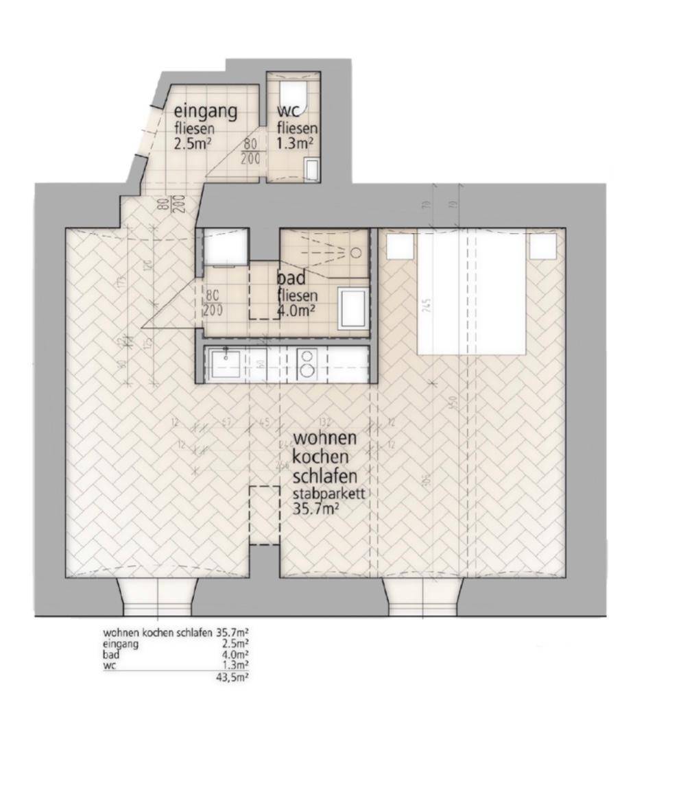 Grundriss einer Wohnung mit Eingangsbereich, Bad, WC und offenem Wohn-Koch-Schlafbereich.