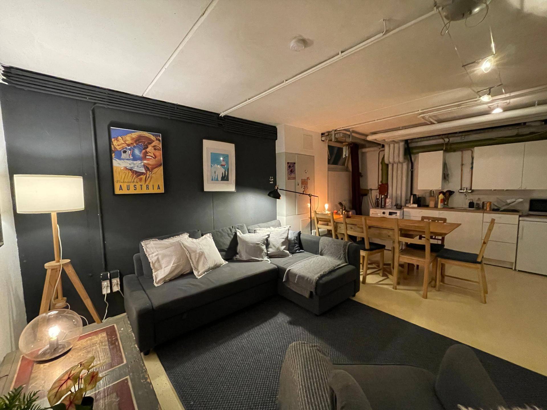 Offener Wohnbereich mit Sofa, Esstisch und integrierter Küchenzeile.