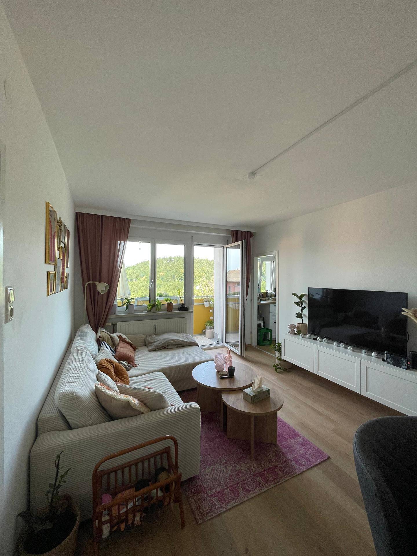 Gemütliches Wohnzimmer mit Sofa, Fernseher und Zugang zum Balkon.