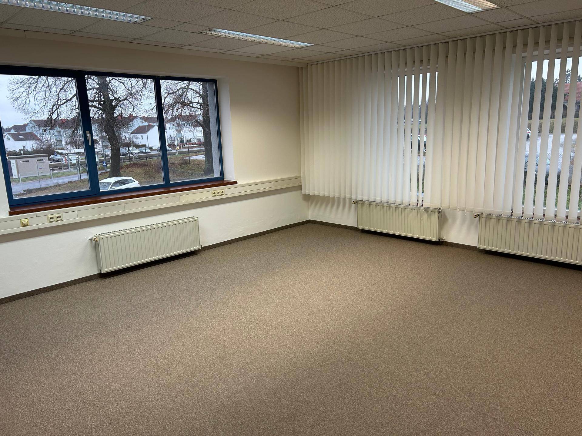 Leeres Büro mit Teppichboden, Heizkörpern unter den Fenstern und Blick nach draußen.