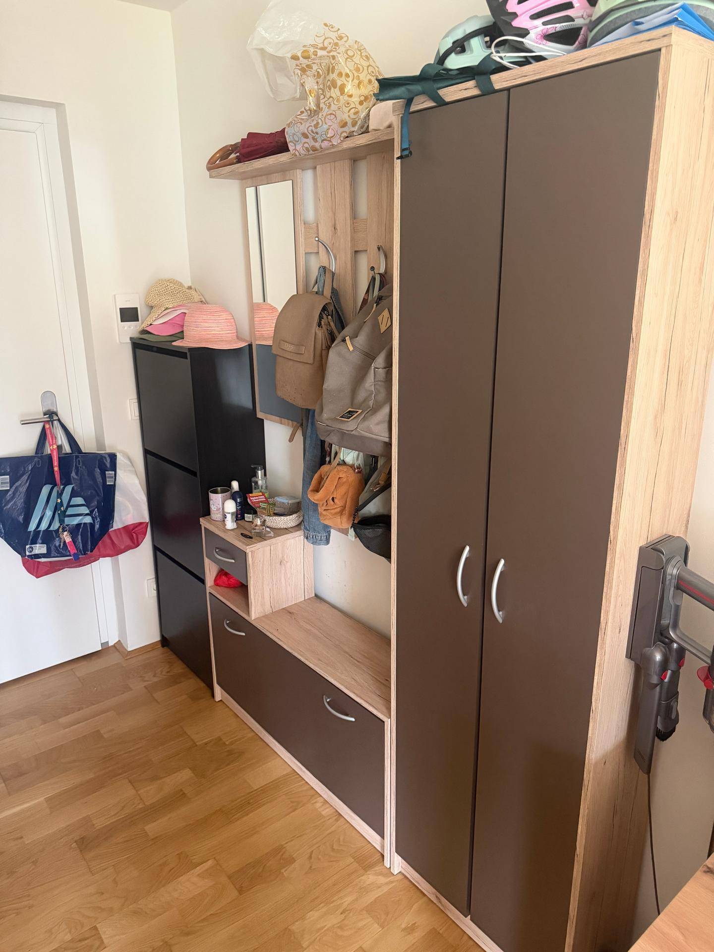 Eingangsbereich mit Garderobe, Schuhschrank und Spiegel, praktisch und funktional.