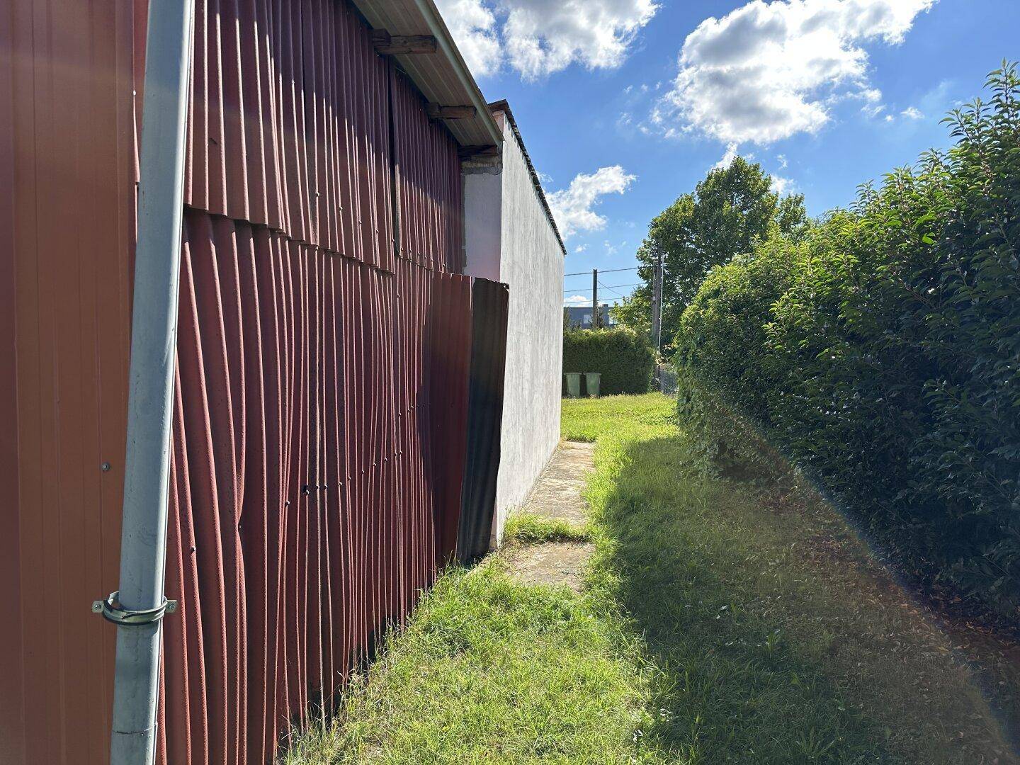 Rückseite eines Wellblechschuppens neben einem grasbewachsenen Weg und einer dichten Hecke.