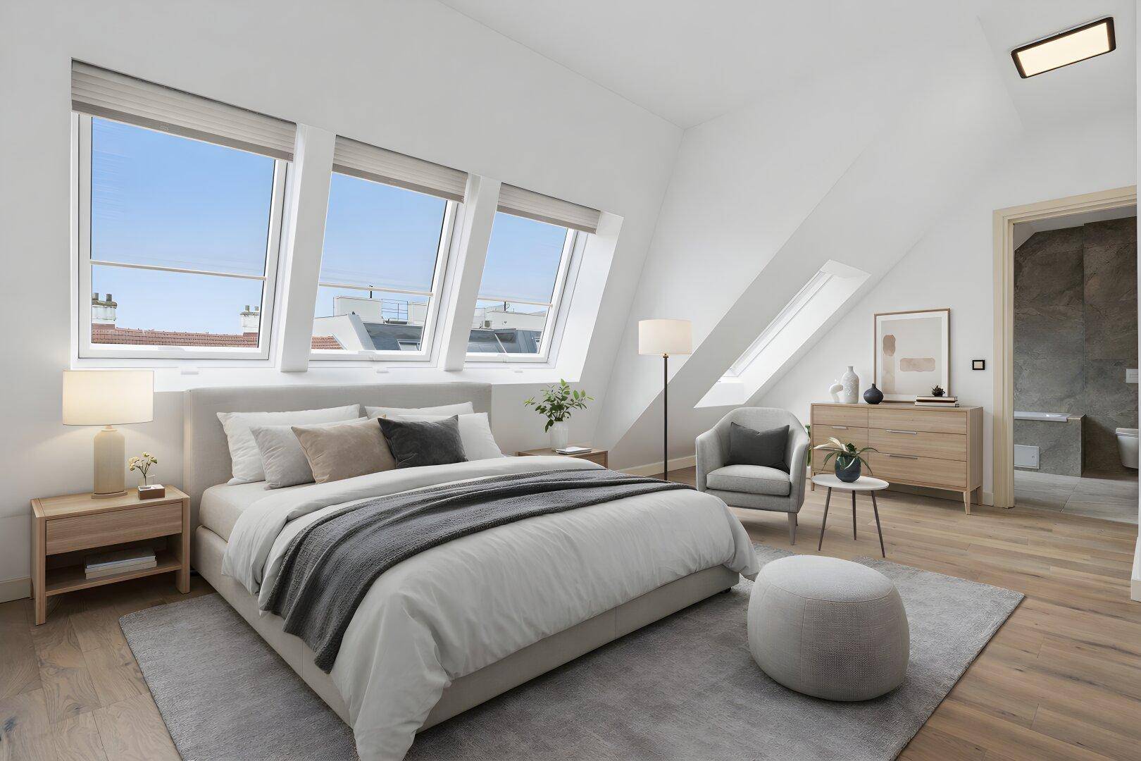 Gemütliches Schlafzimmer mit Dachschrägenfenstern, Holzboden und Zugang zum Badezimmer.