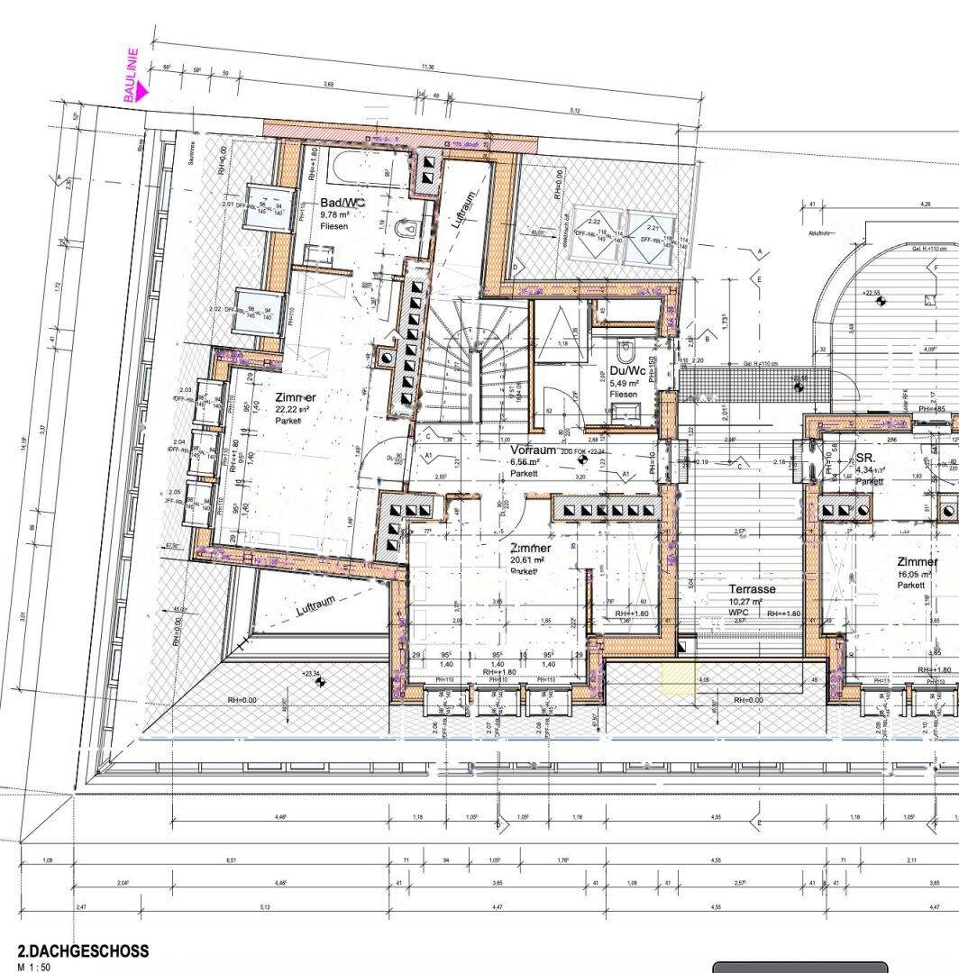 Grundriss des zweiten Dachgeschosses mit Terrasse, Schlafzimmern und Bädern.