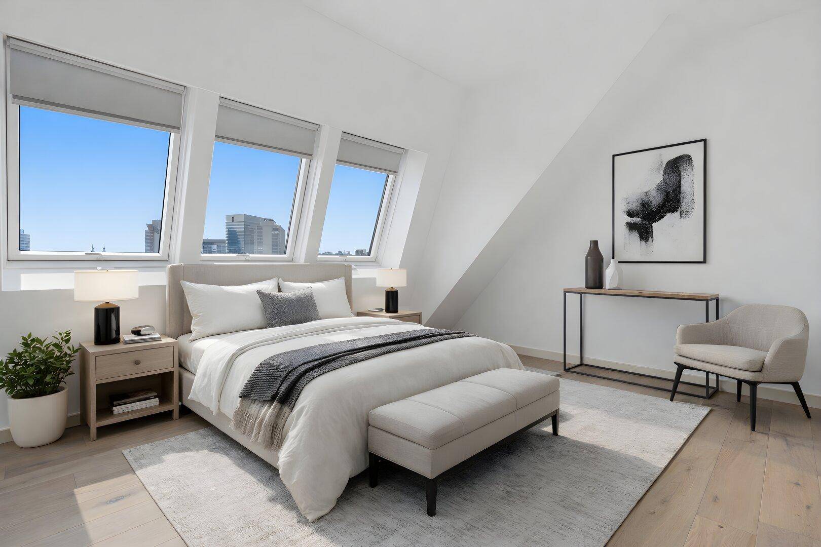 Virtuell inszeniertes Schlafzimmer mit Dachschrägenfenstern, modernem Bett und Blick auf die Stadt.