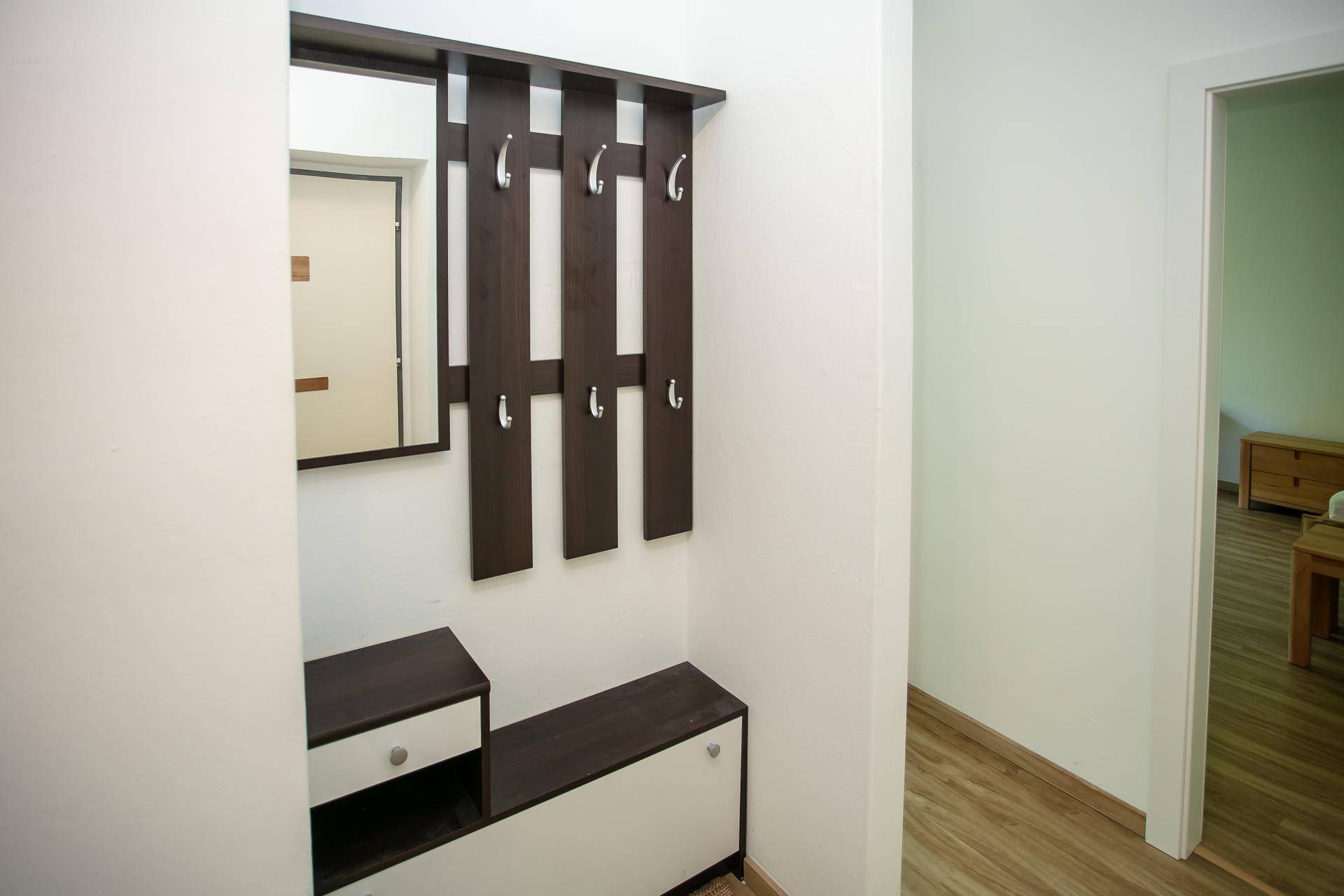 Eingangsbereich mit Garderobe, Spiegel und Schuhschrank in dunklem Holzdesign.