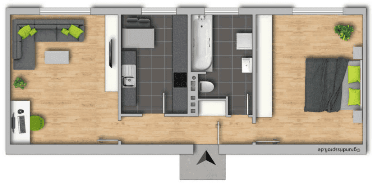 Detaillierter Grundriss einer Wohnung mit offenem Wohnbereich, Schlafzimmer und Bad.