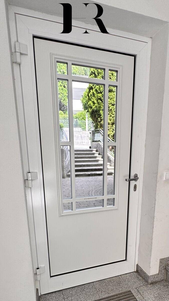 Eingangstür mit Glaseinsätzen, die den Blick auf die Außentreppe freigibt.