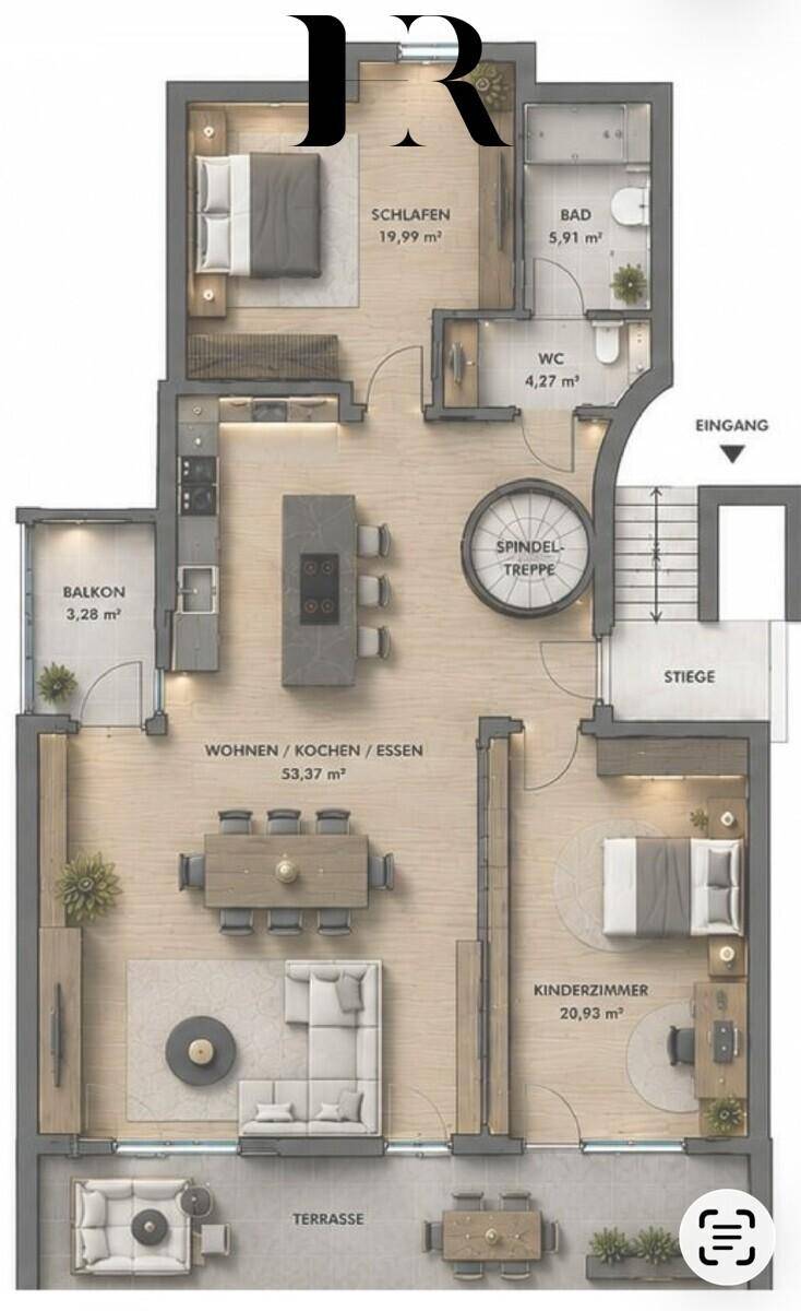 Grundriss der Wohnung mit offenem Wohnbereich, zwei Schlafzimmern, Balkon und Terrasse.