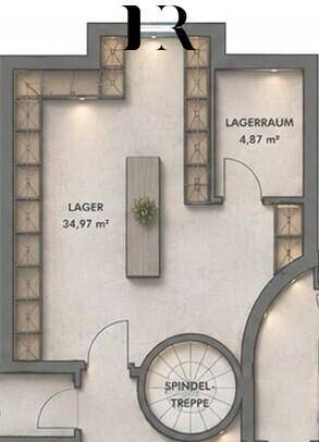 Grundriss des Lagerraums mit eingebauten Regalen und Wendeltreppe.