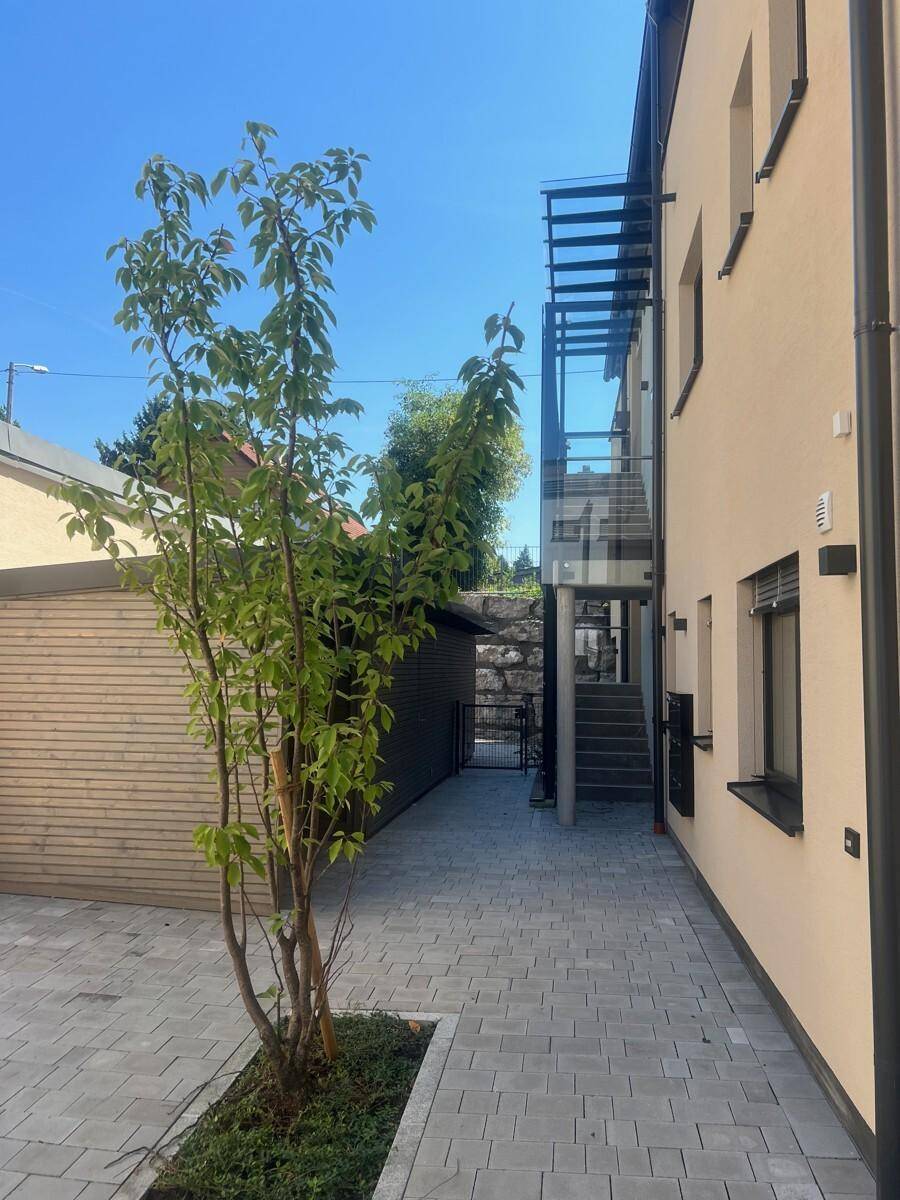 Seitlicher Zugang zum Gebäude mit gepflastertem Weg, jungem Baum und externem Treppenhaus.