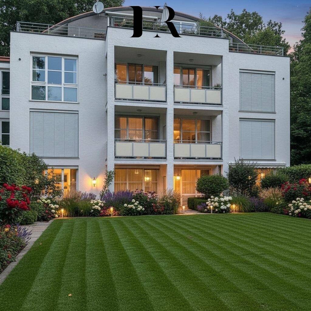 Gepflegter Gartenbereich mit Rasenfläche, blühenden Pflanzen und beleuchteter Fassade am Abend.