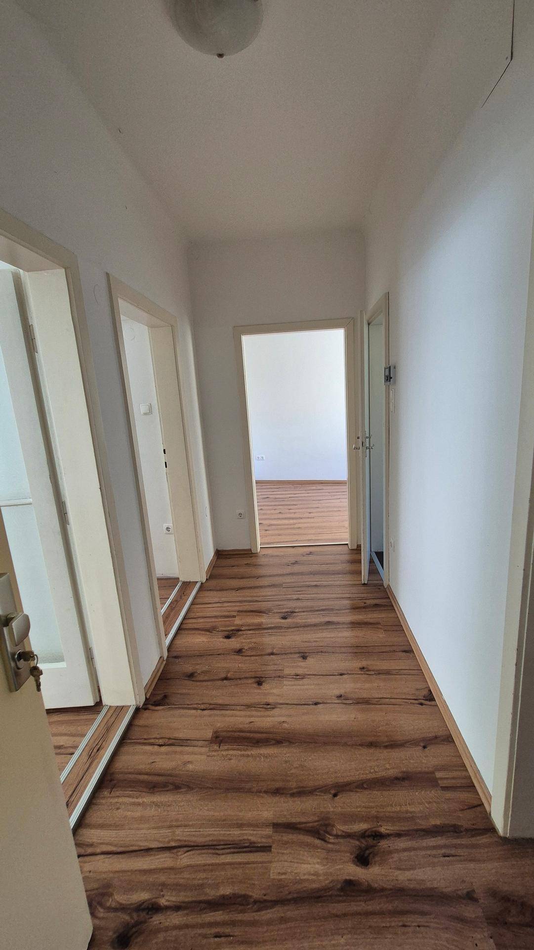 Heller Flur mit Laminatboden und weißen Wänden, der Zugang zu mehreren Zimmern bietet.