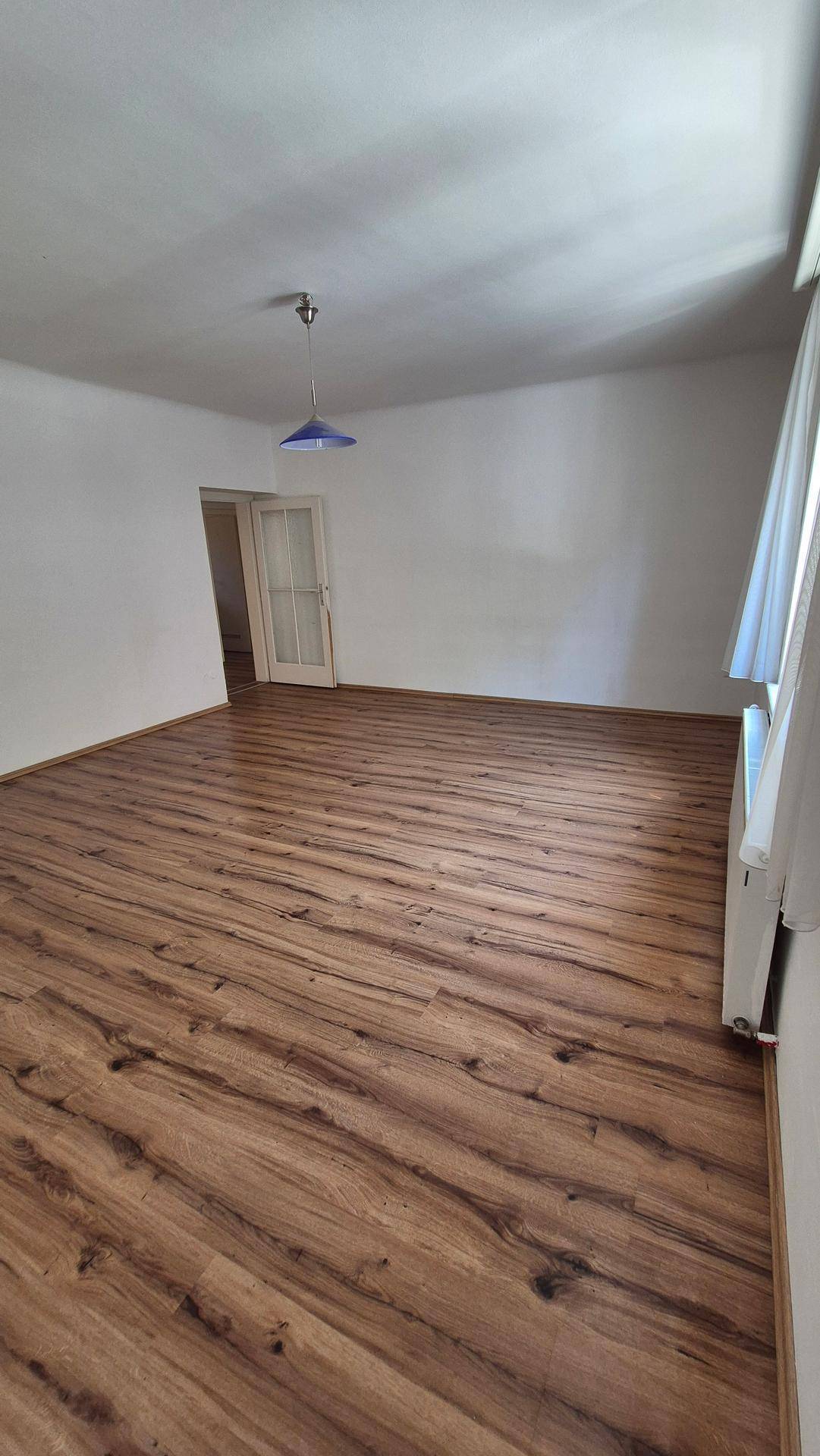 Geräumiges Zimmer mit Laminatboden, weißen Wänden und einer Tür mit Glaseinsätzen.