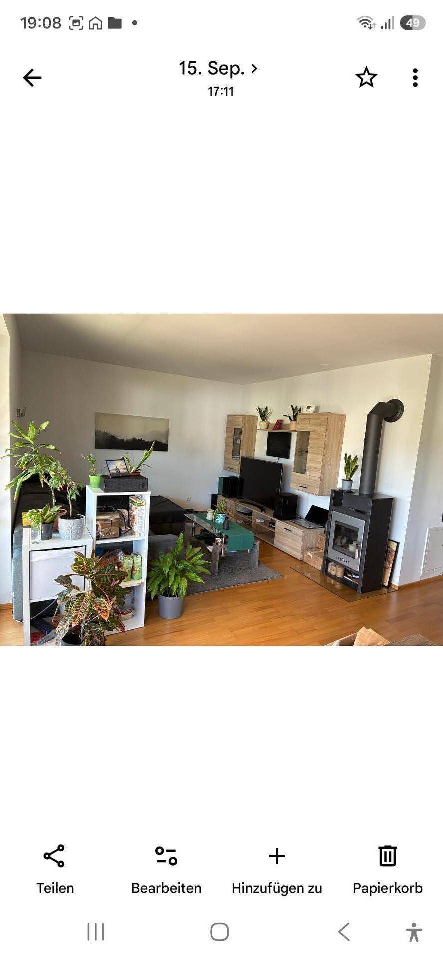 Gemütliches Wohnzimmer mit Holzofen, Sofa und vielen Pflanzen für eine wohnliche Atmosphäre.