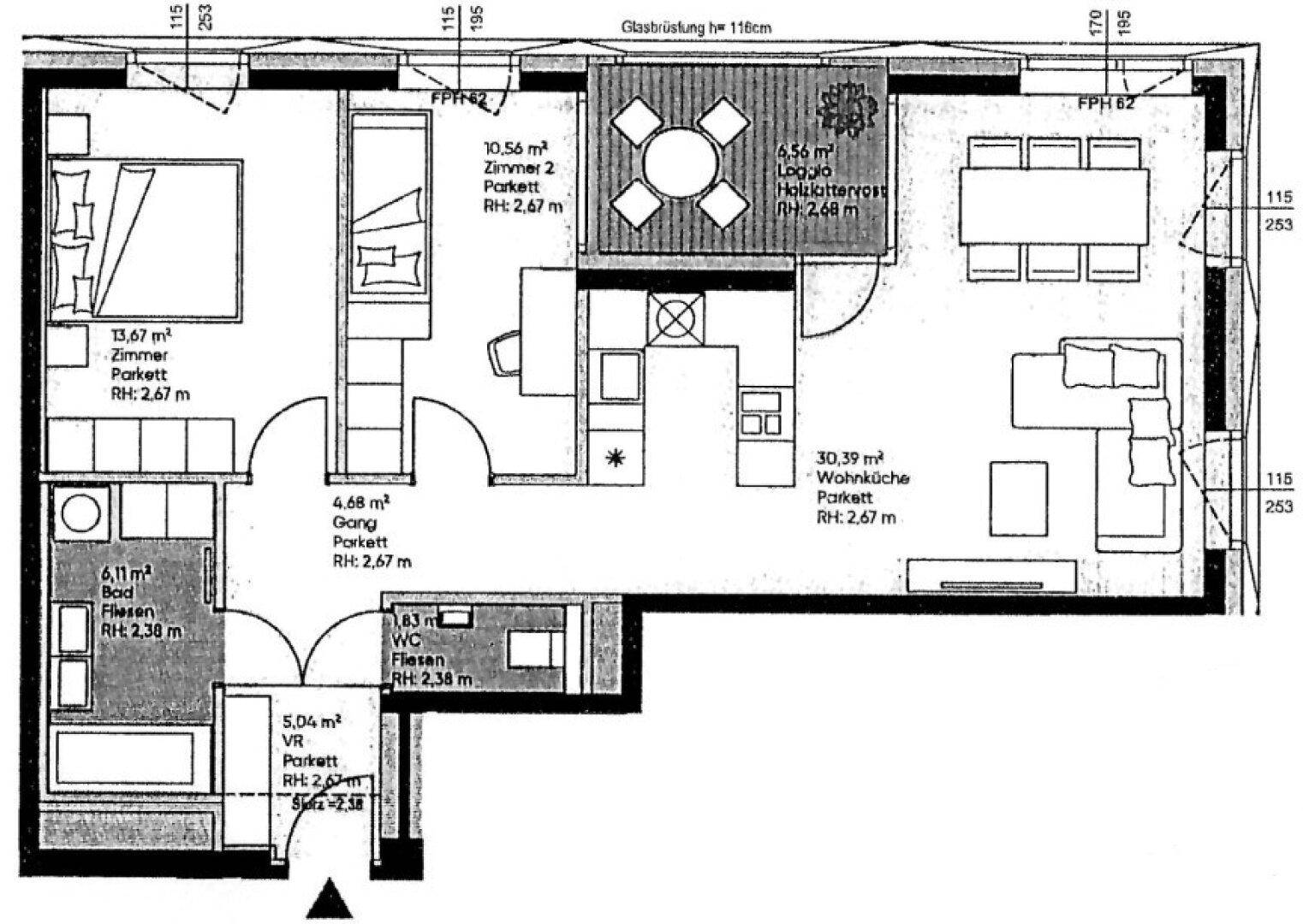 Detaillierter Grundriss einer Wohnung mit Wohnküche, zwei Zimmern, Bad und Loggia.
