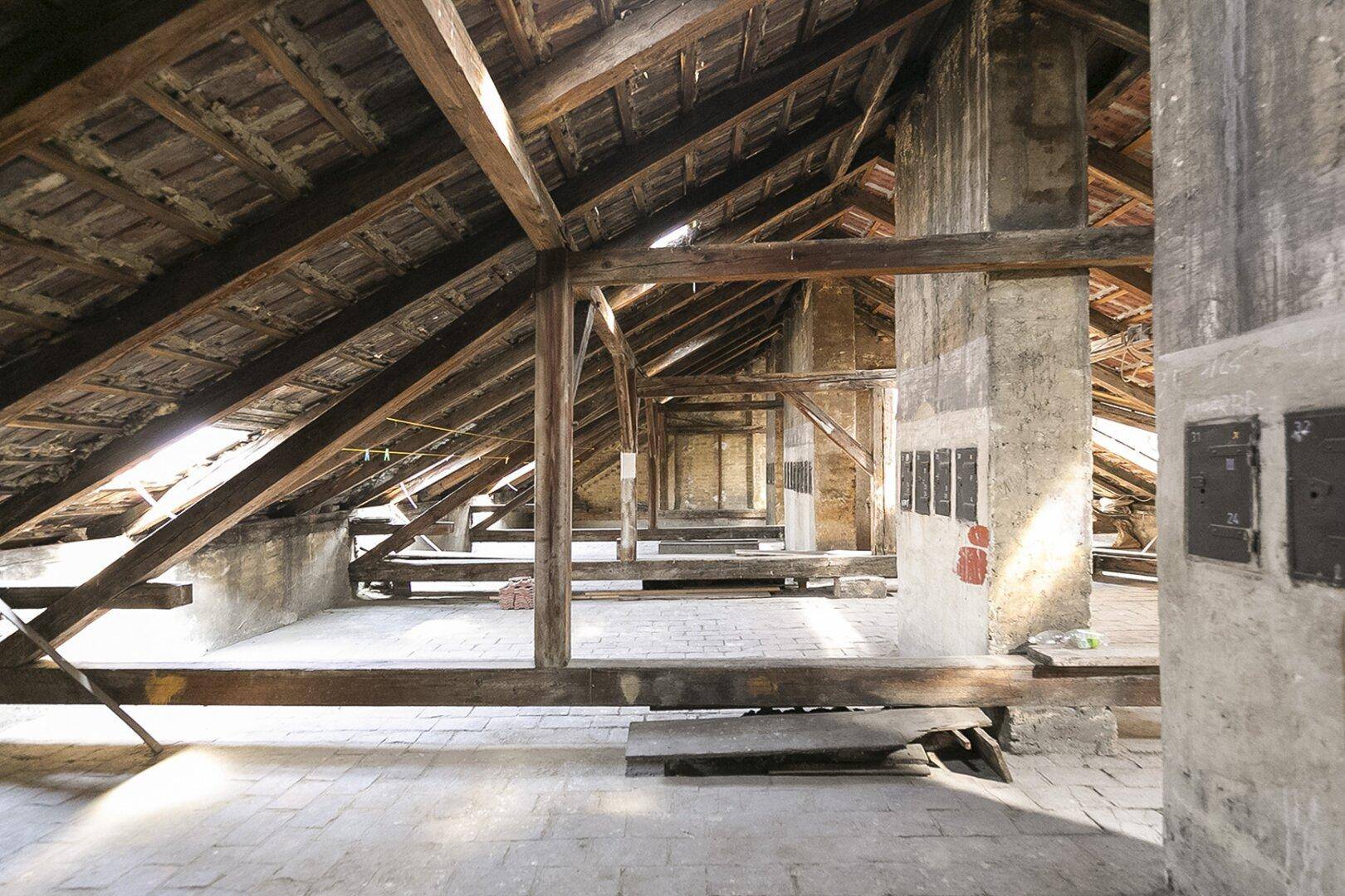 Geräumiger Dachboden mit sichtbaren Holzbalken und Dachkonstruktion, ideal für Ausbau.