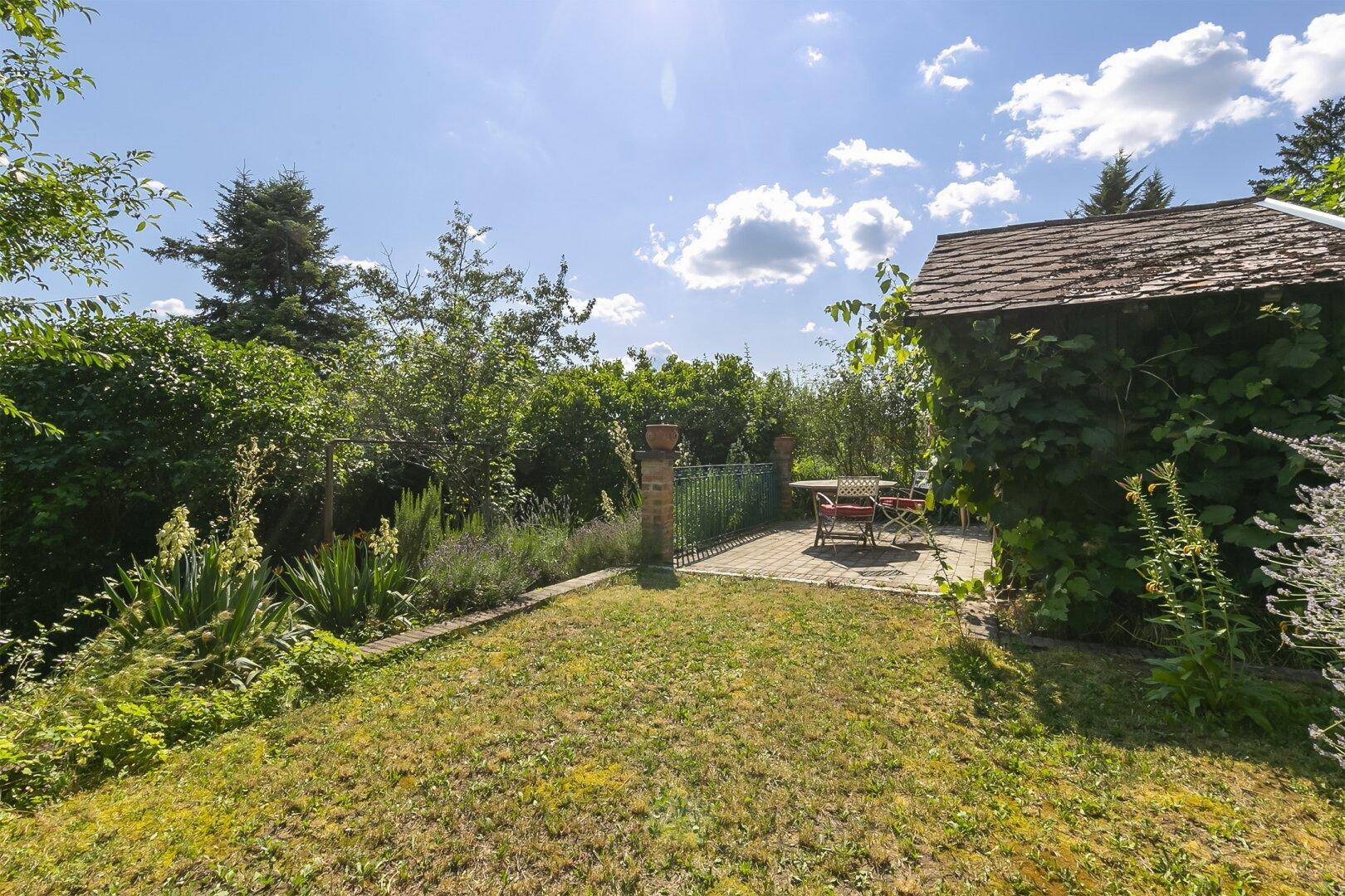 Gepflegter Gartenbereich mit Rasenfläche, Terrasse und Sitzgelegenheiten unter blauem Himmel.