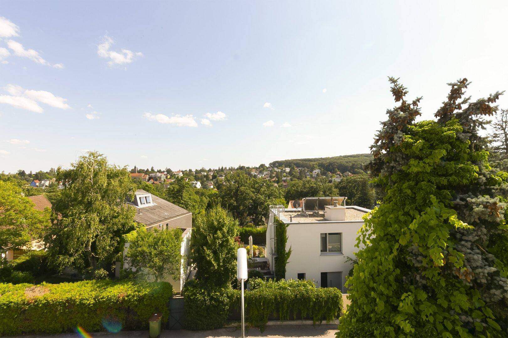 Panoramablick über die hügelige Landschaft mit Wohnbebauung und viel Grün.