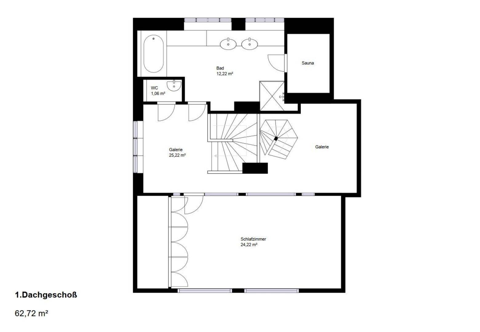 Grundriss des ersten Dachgeschosses mit Schlafzimmer, Bad, WC und Sauna.