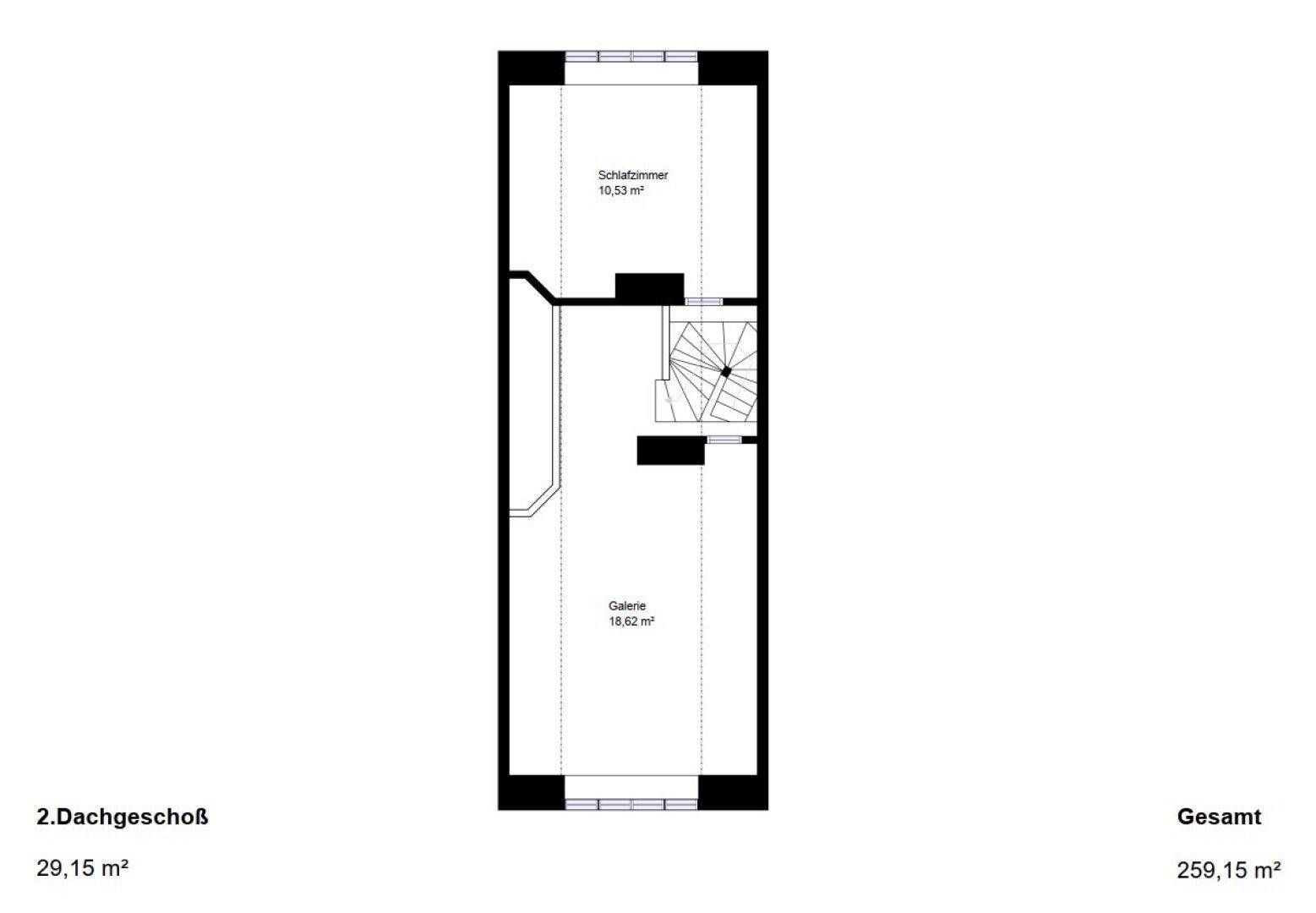 Grundriss des zweiten Dachgeschosses mit Schlafzimmer und Galeriebereich.
