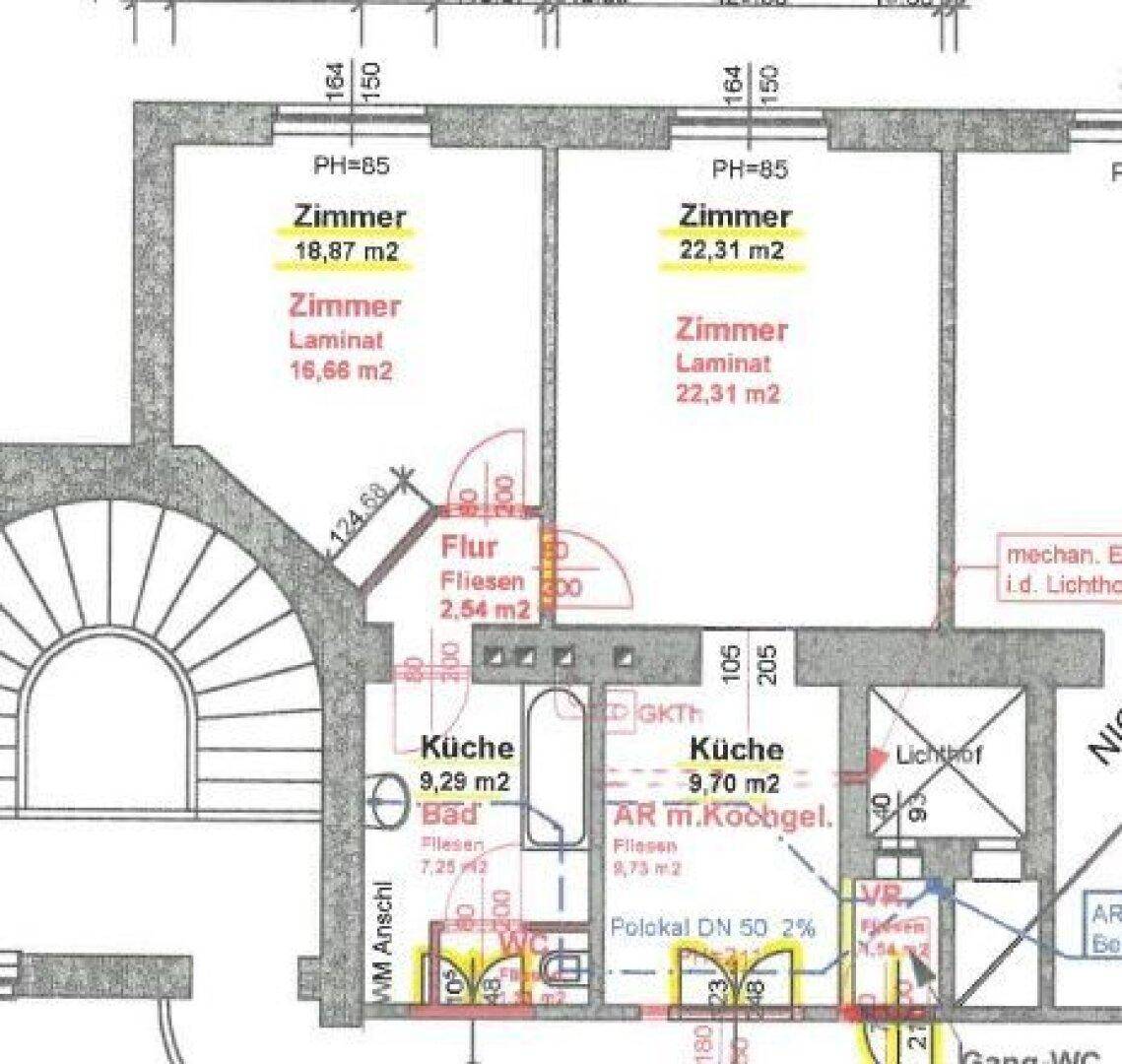 Grundriss zeigt zwei Zimmer, Küche und Bad mit Flächenangaben in Quadratmetern.