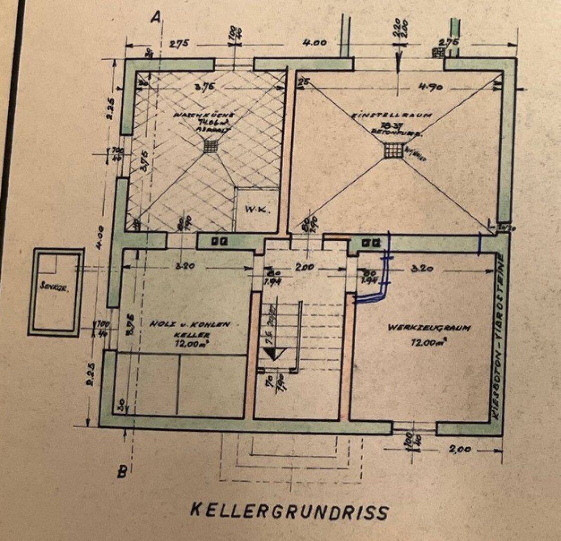 Grundriss des Kellergeschosses mit Waschküche, Abstellraum und Werkzeugraum.