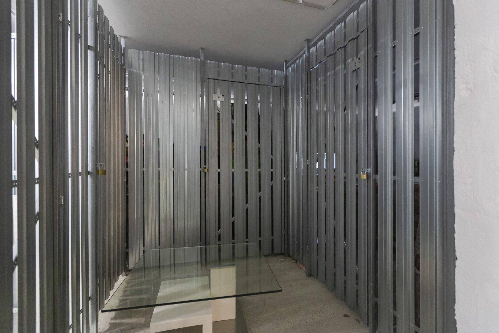 Abstellraum mit Metallabtrennungen und einem Regal, ideal für zusätzlichen Stauraum im Kellerbereich.