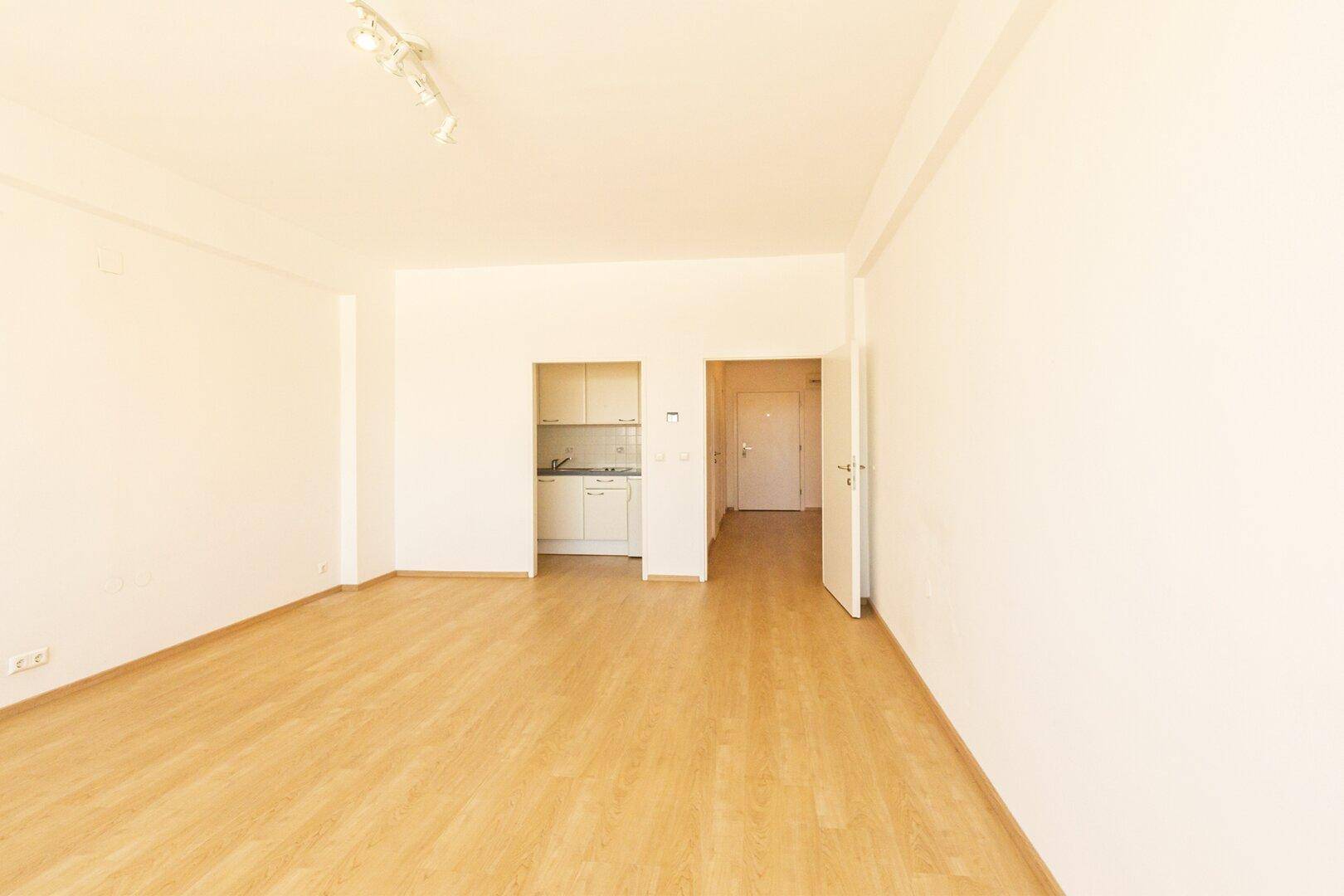 Geräumiger Wohnbereich mit Laminatboden und integrierter Kochnische, ideal für ein Studio-Apartment.