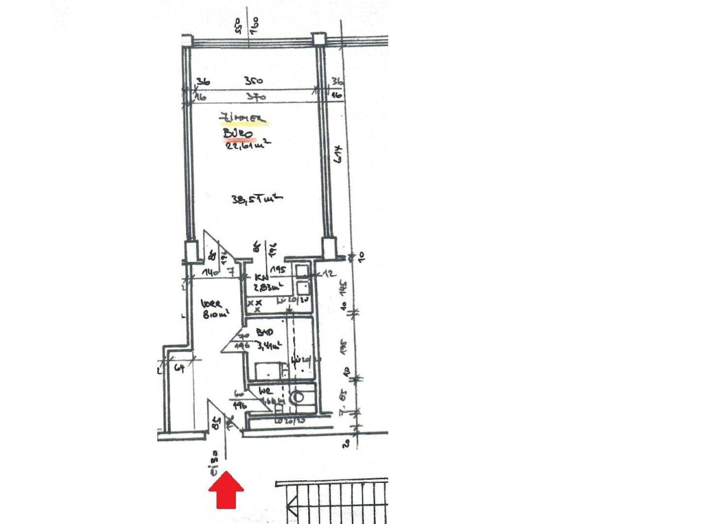 Handgezeichneter Grundriss mit Raumaufteilung und Flächenangaben für eine Wohnung.