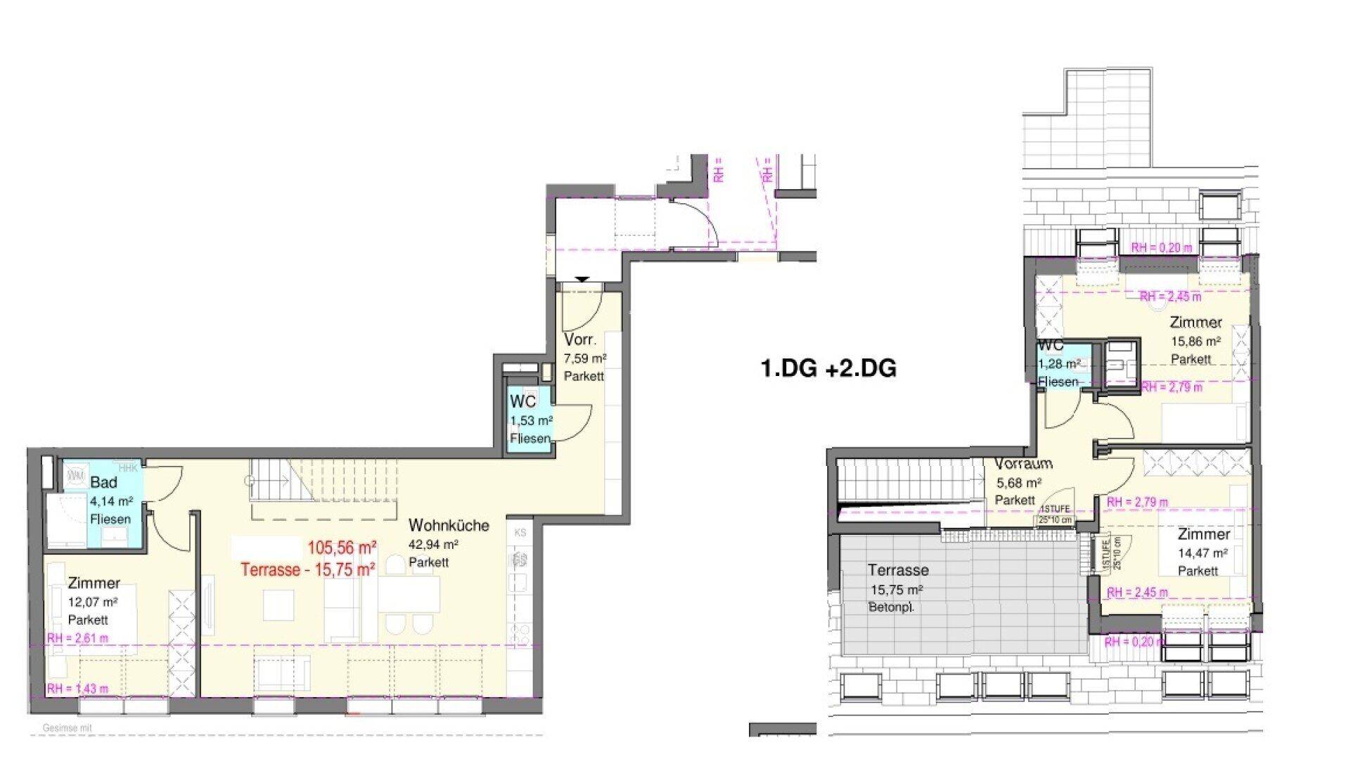 Grundriss der 1. und 2. Dachgeschossebene mit Wohnküche, Zimmern und Terrasse.