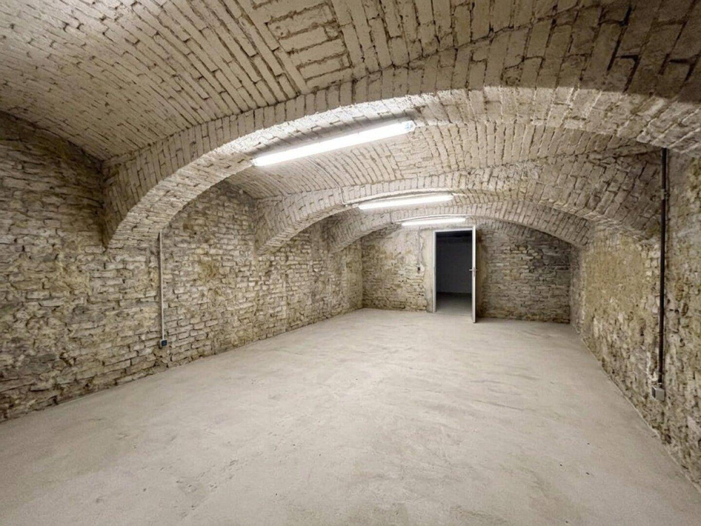 Großer Gewölbekeller mit Ziegelwänden, Betonboden und einer leicht geöffneten Tür im Hintergrund.