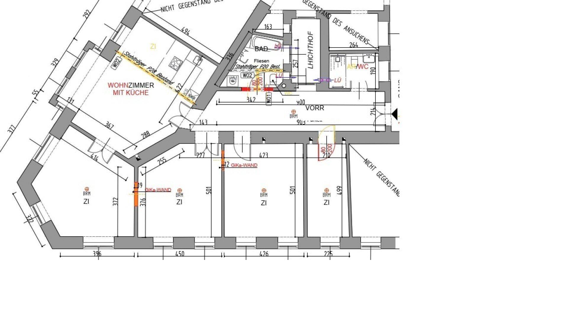 Grundriss einer Wohnung mit offenem Wohnbereich, integrierter Küche, Bad und separatem WC.