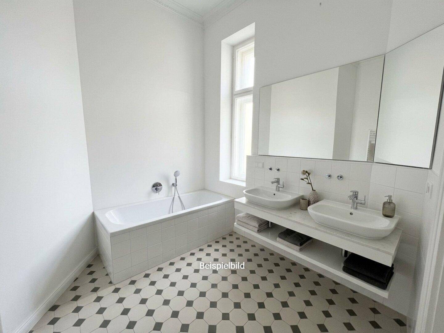 Modernes Badezimmer mit Badewanne, Doppelwaschbecken und stilvollen Fliesen im Schachbrettmuster.